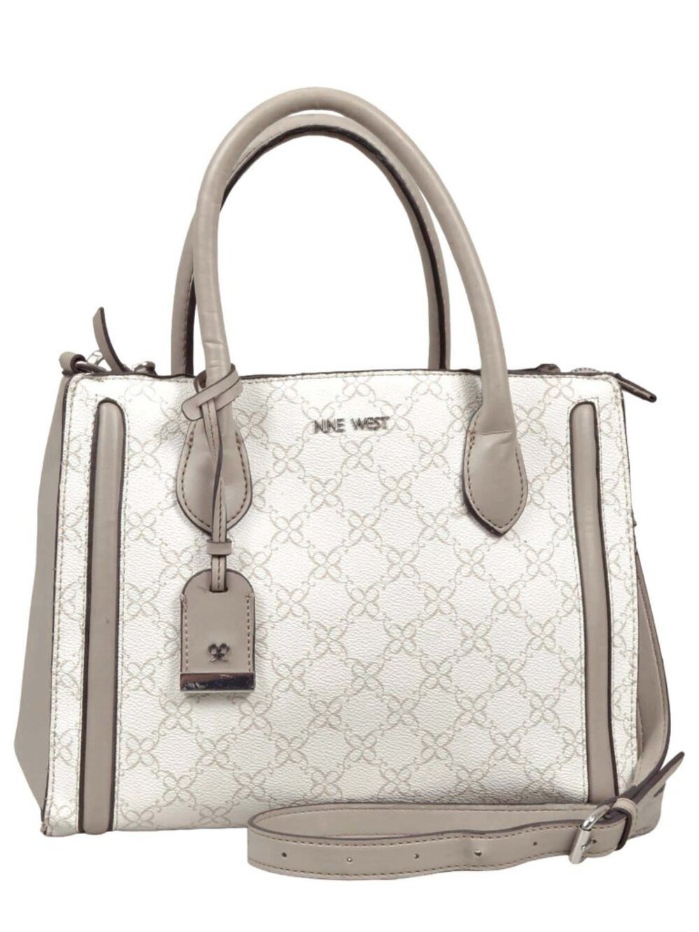 Nine West Beige & White Faux Leather Satchel Logo Design